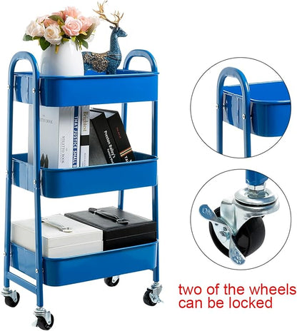 AGTEK Makeup Cart, Movable Rolling Organizer Cart,3 Tier Metal Utility Cart, Aristocratic Blue