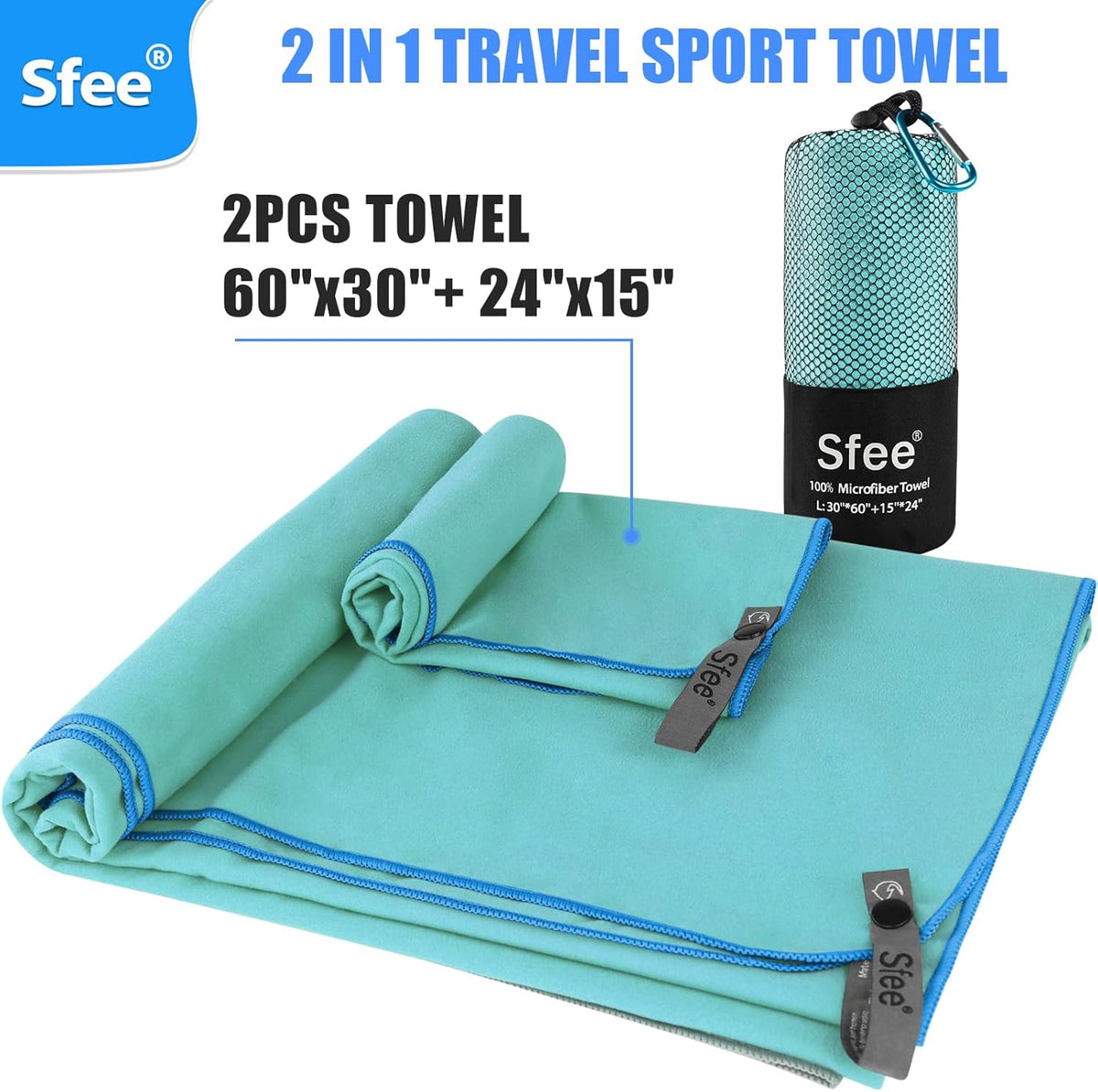 Sfee 2 Pack Microfiber Travel Towel, Quick Dry Towel Camping Towel Large Beach Towel Super Absorbent Compact Lightweight Sport Gym Towels for Beach, Gym, Hiking, Pool, Backpacking, Bath, Yoga