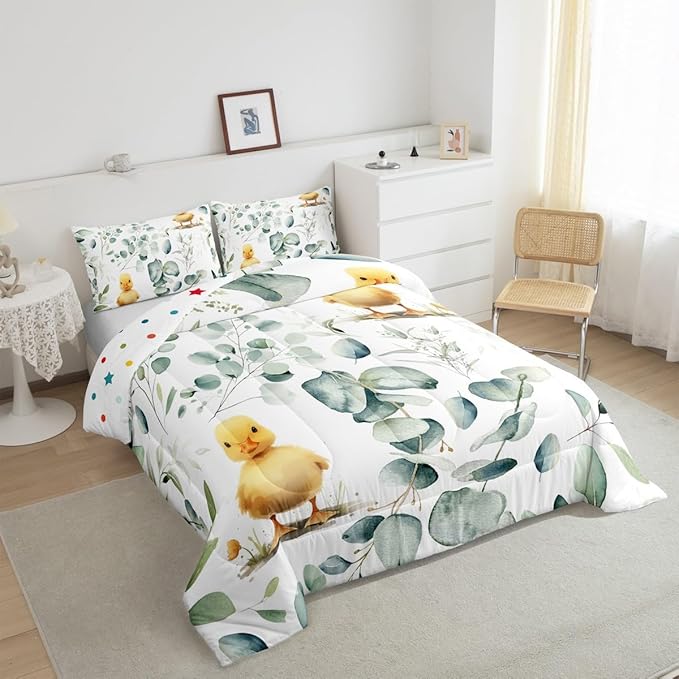 Erosebridal Kids Cute Animal King Comforter Set for Girls Boys Cartoon Duck Bedding Set King, Spring Eucalyptus Bedding Comforter Sets Watercolor Leaves Duvet Set, Kawaii Farm Animal Quilted Comforter