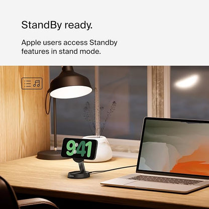 Belkin Convertible Magnetic Charging Stand 15W - MagSafe-Compatible Qi2-Certified Wireless Charging Station, iPhone Charger for Apple iPhone 16 Series, Airpods Pro, & More, No PSU - Black (2-Pack)