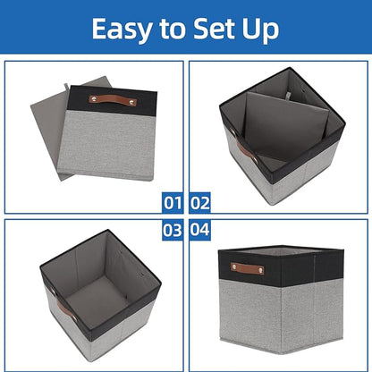 Temary Fabric Cube Storage Bins 12 Inch Decorative Storage Cubes Baskets 4 Pack Foldable Cube Storage Bins for Closet, Shelves (Black&Grey)