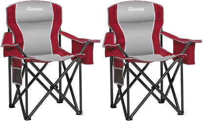 Padded Camping Chairs for Adults, Oversized Folding Outdoor Chairs, Weight Capacity 475lbs, with Cooler Bag, Cup Holder, Storage Pocket Carry Bag (Red - 2 Pack)