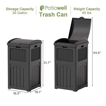 Patiowell 36 Gallon Outdoor Trash Can, Resin Outdoor Garbage Can with Lid for Patio, Backyard, Deck, Black