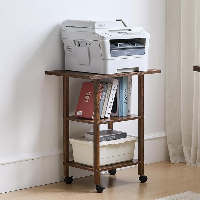 Lerliuo 3 Tier Printer Stand with Storage, Printer Table for Home Office, Wooden Rolling Printer Cart Shelf with Lockable Wheels fit Fax Machine, Scanner(Brown)