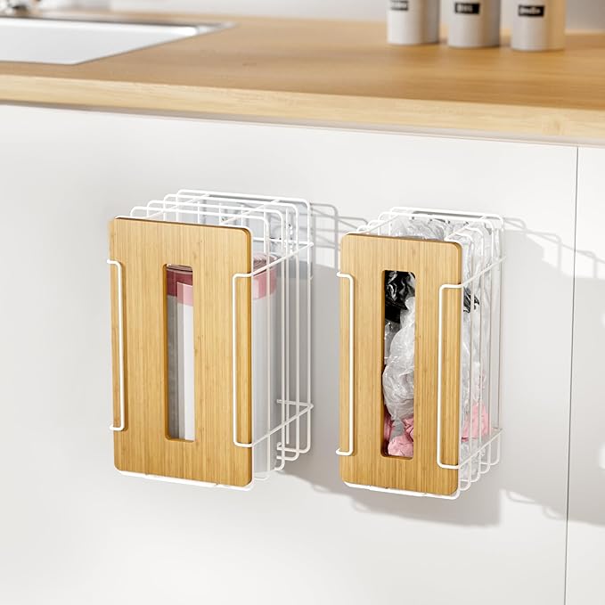 2 Pack Grocery Bag Holder for Plastic Bags - Wall Mount Kitchen Plastic Bag Holders for Grocery Bags - Bag Holder for Kitchen,Under Sink,Pantry and Garage,White