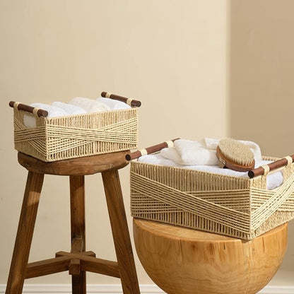 LA JOLIE MUSE Wicker Storage Baskets for Organizing, Recyclable Paper Rope Basket with Wood Handles, Decorative Hand Woven Basket Organizers for Makeup Books Shelves Living Room, Beige, Set of 2