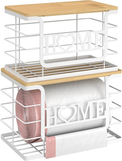 Trash Bag Holder, Thipoten Trash Bags Dispenser with Bamboo Top, Suitable for Garbage Bags Purchased Online or Supermarket, Perfect Storage Organizers for Cabinet, Under Sink (White, 2pack-XL/L)
