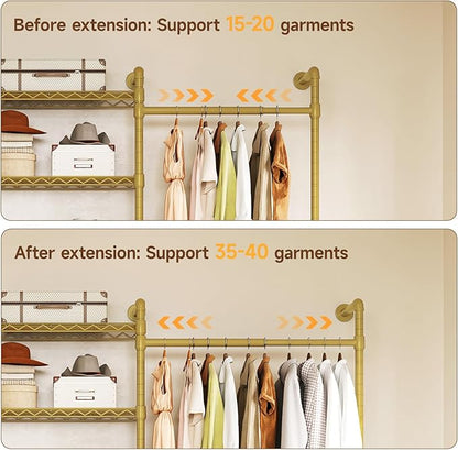 ONBRILL L4 Wall Mounted Industrial Pipe Clothing Rack, Closet Organizer System with 6 Hanging Clothes Rods ( 4 Expandable Rods) & 8 Shelves, Heavy Duty Corner Garment Rack, Large Wardrobe - Gold