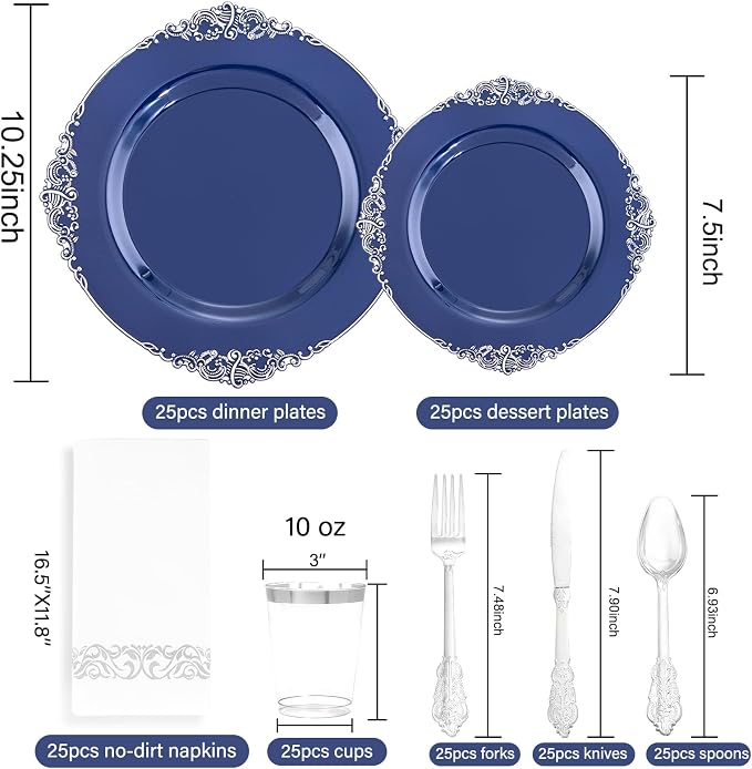 175pcs Blue and Silver Plastic Plates
