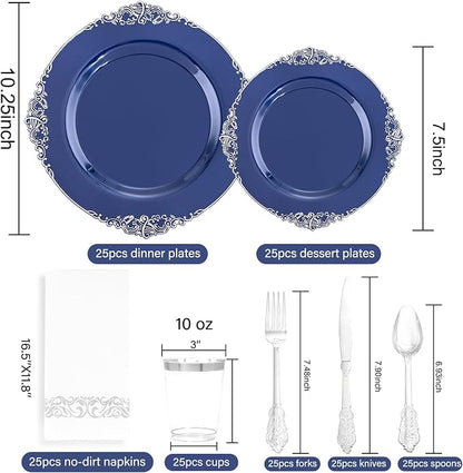 175pcs Blue and Silver Plastic Plates