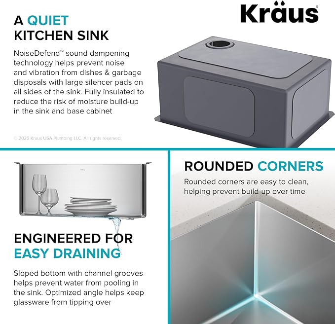 Kraus KHU111-25 Standart PRO 16 Gauge Undermount Single Bowl Stainless Steel Kitchen Sink, 25 Inch
