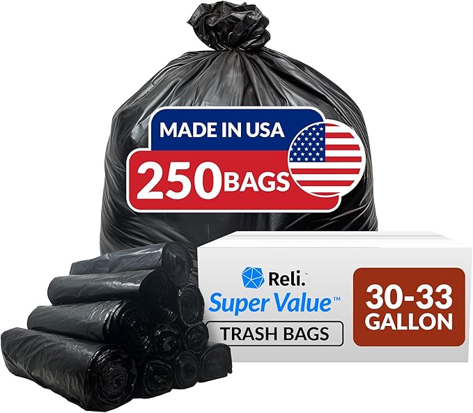 Reli. 30-33 Gallon Trash Bags Heavy Duty | 250 Count Bulk | Black Large Trash Bags 30+, 32 Gallon | Made in USA