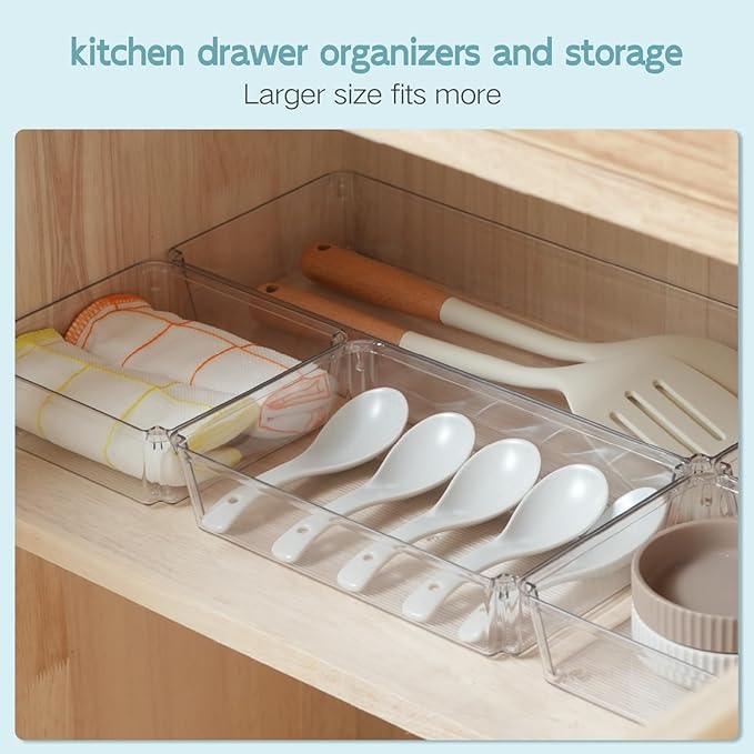 6 Pack Large Clear Plastic Drawer Organizer Trays, Desk Drawer Organizers and Storage Dividers, Non-Slip Storage Bins for Jewelry, Snacks, Office, Bathroom, Bedroom and Kitchen