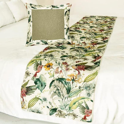The HomeCentric King Queen Twin Ivory & Multi Designer Full 68"x18" Bed Runner with Pillow Cover, Bird, Sequins & Beaded Bed Scarf on Cotton Fabric - Exotic Birds