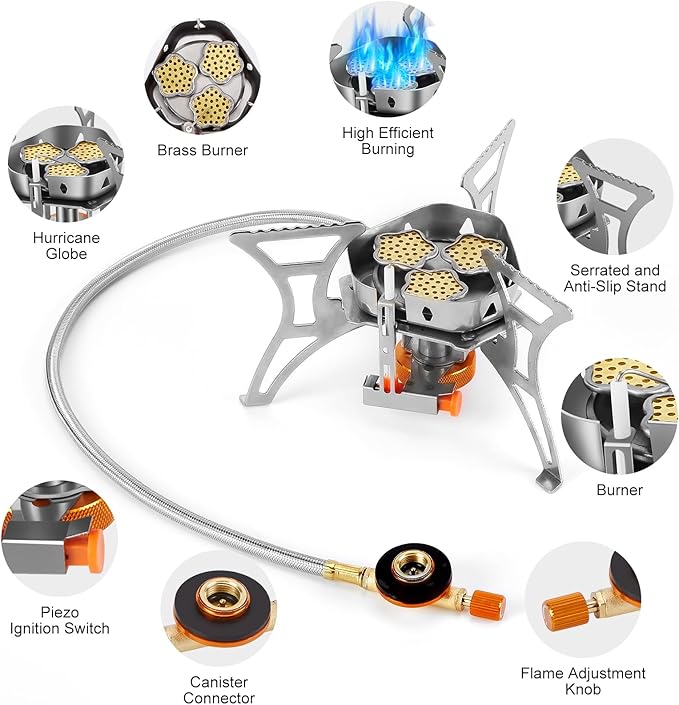 WADEO 6800W Windproof Camping Stove, Backpacking Stove with Piezo Ignition and Fuel Canister Adapters, Camping Gas Stove for Outdoor Backpacking Hiking and Picnic