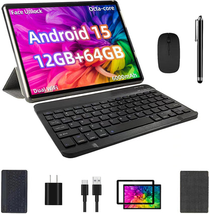 2025 Android 15 Tablet, 12GB+64GB+1TB Expand, 10inch Tablet Productivity Bundle with Keyboard Case, Stylus Pen, Octa-core CPU, Dual Camera, WiFi6, 6000mAh Battery+18W Fast Charge, Support Face Unlock