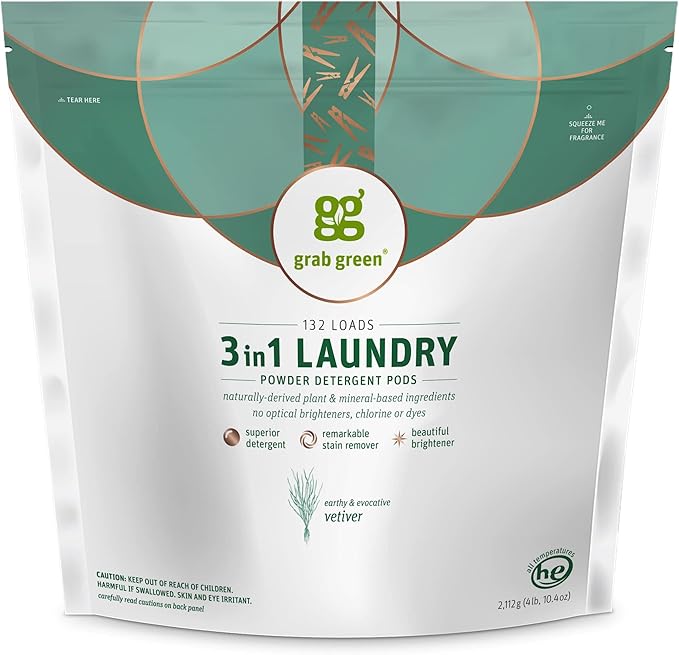 Grab Green 3-in-1 Laundry Detergent Pods, 132 Count, Vetiver Scent, Plant and Mineral Based, Superior Cleaning Power, Stain Remover, Brightens Clothes