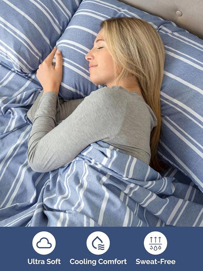 Extra Deep Pocket Twin Sheets - 3 Piece Breathable & Cooling Bed Sheets - Hotel Luxury Bed Sheet Set - Soft, Wrinkle Free & Comfy - Easily Fits Extra Deep Mattresses - Deep Pocket Blue Striped Sheets