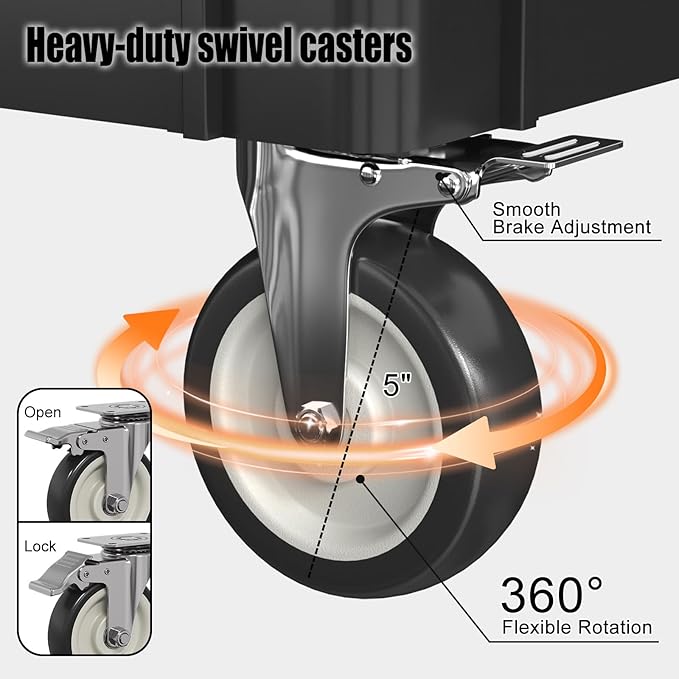 Large Garage Plastic Utility Cart, Heavy Duty 2 Shelf Tool Cart Service Cart Rolling Push Carts with Ergonomic Handle 5" Swivel Casters.