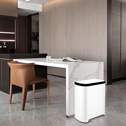 16 Gallon Dual Trash Can, Kitchen Recycling Bins with 2 x 8 Gallon Compartments, 2 Plastic Removable Liners, Soft-Close Lid, Stainless Steel Step Trash Can, White