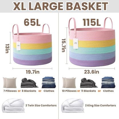 Woven Blanket Basket,65L Large Rope Storage Bin with Handles, Organizer for Blankets Toys Book and Clothes, Laundry Basket for Living Room Bedroom Nursery,Rainbow