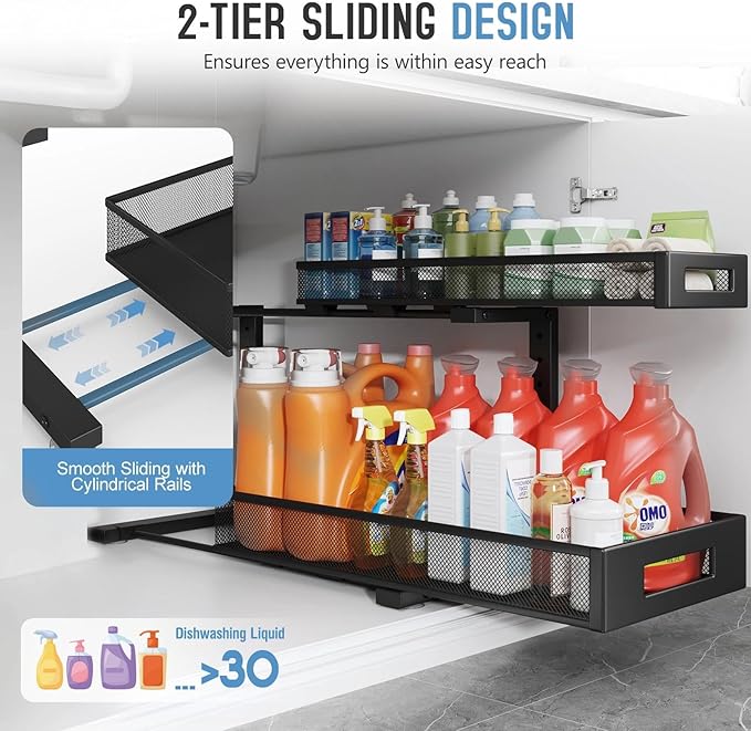 2 Pack 20.47IN Depth Under Sink Storage Organizer, Large 2-Tier Elegant Mesh Pull Out Shelf for Kitchen and Bathroom Cabinet Organization, L-Shaped and Adjustable Height Design-Black