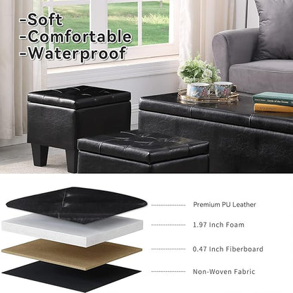 Storage Ottoman Set of 3, 38'' Button-Tufted Coffee Table Bench with 2pcs Nesting Foot Stools, for Living Room Couch, Bedroom, End of Bed (Black - PU Leather)