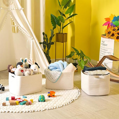Storage Baskets for Organizing Shelves, Woven Cotton Rope Bins for Baby Nursery Organization, Book Toy Towel Organizer, 15"x11"x9.5", 3 Packs, Off White