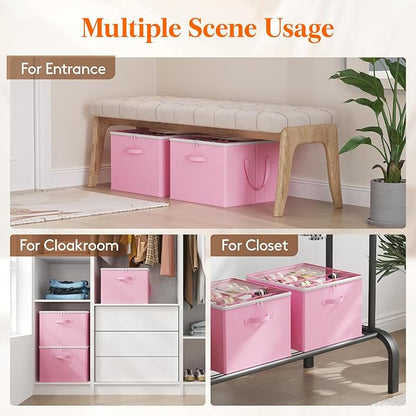Lifewit Shoe Storage Organizer for Closet Fits 12-16 Pairs, Fabric Large Shoe Box Storage Containers with Clear Cover, Foldable Bins Fit for Boots Heels Sneakers 17"(L) x 17"(W) x 12.5"(H) 3 Pack Pink