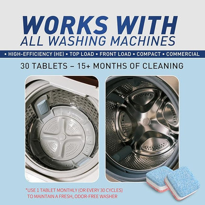 Washing Machine Cleaner Tablets 30 Pack - HE Top Load & Front Load Washer Cleaner, Eco Friendly Septic Safe, 3 Layers Deep Cleaning, Descaler & Deodorizer, 1+ Year Supply (30 Count