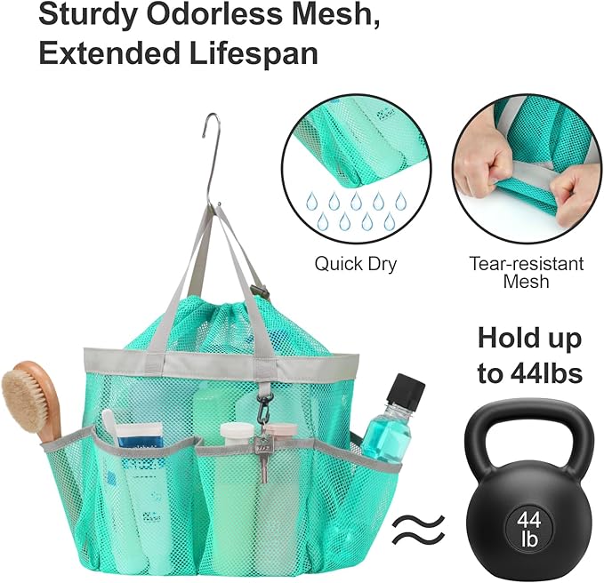 F-color Mesh Shower Caddy Portable with Drawstring - Upgrade Deeper 7 Pockets Dorm Room Essentials for Guys Girls with S Hook, Shower Bag Basket Tote for College Camping Toiletry Bathroom, Mint Green