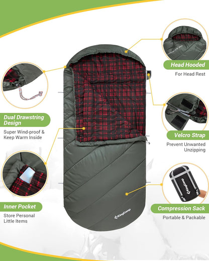 KingCamp Sleeping Bag for Adults, Cold Weather & Warm Extra Wide Big & Tall XL Portable Waterproof Flannel Sleeping Bags, Essentials Gear Accessories for Camping Backpacking Hiking Indoor & Outdoor