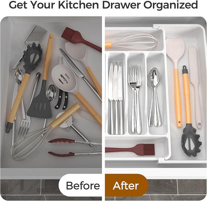 Extra Large Expandable Silverware Organizer, BPA-Free Food-Safe Cutlery Flatware Organizer, Kitchen Utensil Drawer Organizer, Adjustable Silverware Holder for Spoons Forks Knives, White