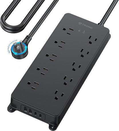 TROND Power Strip Surge Protector with 360° Rotating Flat Plug, 15ft Long Extension Cord, 4000J, ETL Listed, 10 Widely Spaced Outlets, 2 USB A and 2 USB C, Wall Mountable, for Home Office, Black