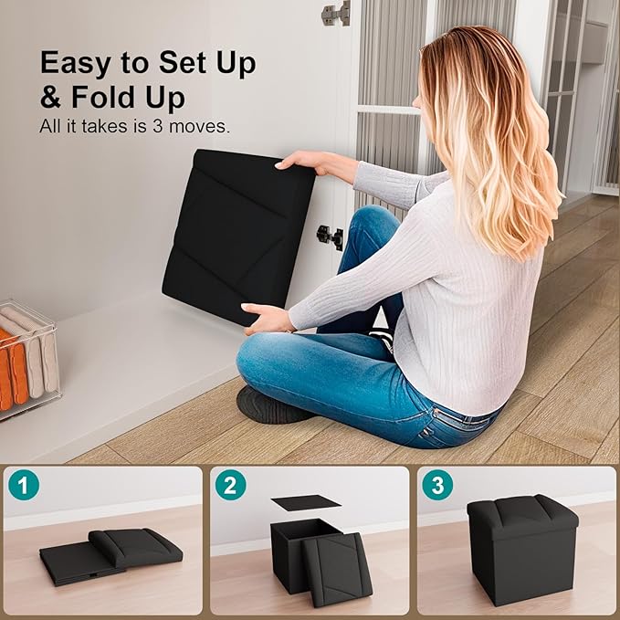 Folding Storage Ottoman Bench, 15 Inches End of Bed Bench,Folding Ottoman Storage for Bedroom, Entryway and Living Room, 15"x15"x15",Black