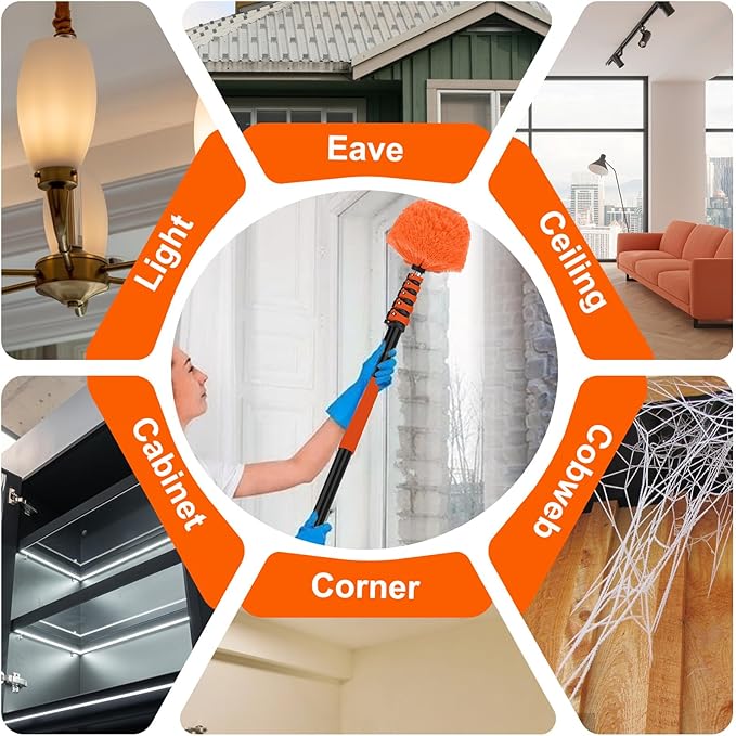 30FT Reach Cobweb Duster with Extension Pole, High Ceiling Long Duster with 5-24FT Telescoping Pole, Spider Web Brush for Indoor Outdoor Use