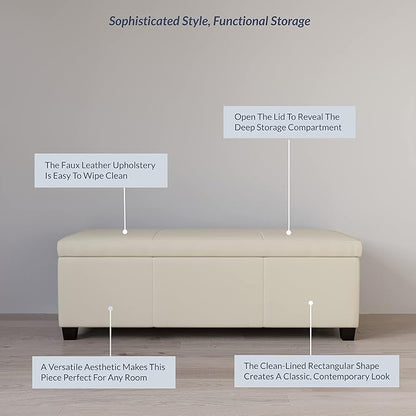 BELLEZE Storage Faux Leather Ottoman, 47 Inch Bench Bedroom Bench with Safety Close Hinge, Extra Long Ottoman with Storage for Living Room, Entryway, Foot Rest, Support 300lbs - Cream