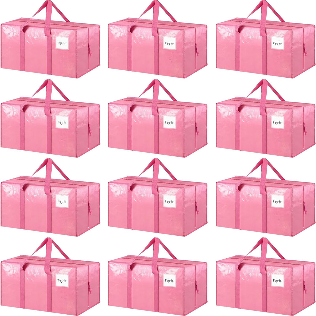 12 Pack Extra Heavy Duty Large Moving Bags with Strong Zipper & Comfortable Handles, Sturdy & Durable Clothes Storage Bags Totes Bins, Packing Moving Boxes for College Supplies, Pink