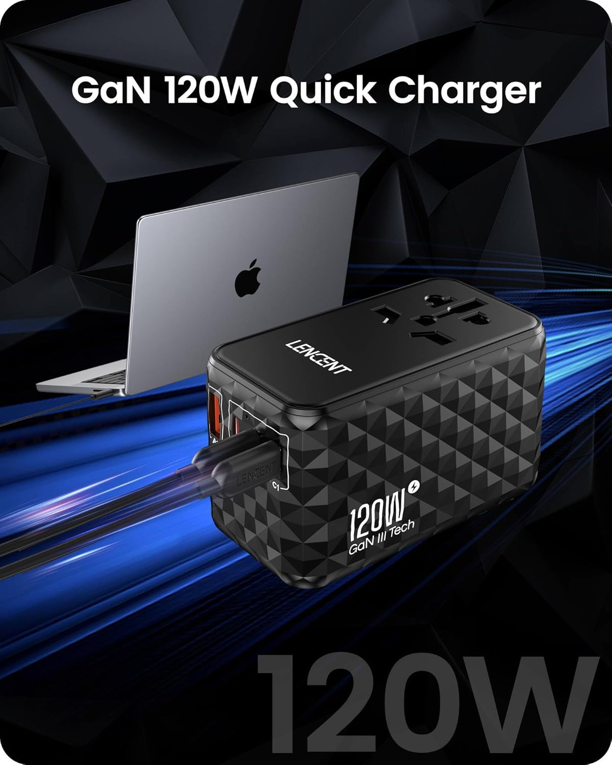 LENCENT 120W Universal Travel Adapter, GaN International Travel Adapter with 3 USB-C 1 USB-A Ports, Worldwide Fast Charger for Cameras Phones, All in One Power Converter for USA EU UK AUS Black