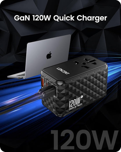 LENCENT 120W Universal Travel Adapter, GaN International Travel Adapter with 3 USB-C 1 USB-A Ports, Worldwide Fast Charger for Cameras Phones, All in One Power Converter for USA EU UK AUS Black