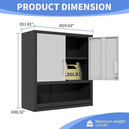 Metal Wall Cabinets with Doors and Shelves Black and Gray Garage Cabinets Wall Mounted Adjustable Storage Shelving Floating Garage Tool Cabinet,Wall Cabinet for Warehouse/Basement/Kitchen