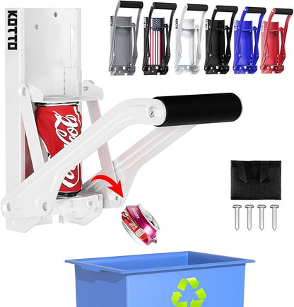 Kotto Can Crusher - Wall Mounted Can Crushers for Recycling - with Auto-Drop System -Built-in Bottle Opener-Crushes 8-16oz Cans-Includes Kitchen Storage Bag-Heavy Duty Can Crusher for Home Use-White