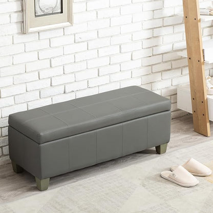 Grey Faux Leather Ottoman with Storage, Rectangular Extra Long Storage Bench for Bedroom and Living Room