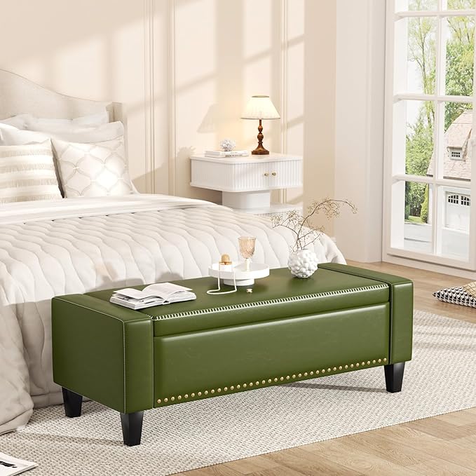 48.8" Storage Ottoman Bench Green | Faux Leather Bedroom Bench with Lift Top for Living Room & Bed End