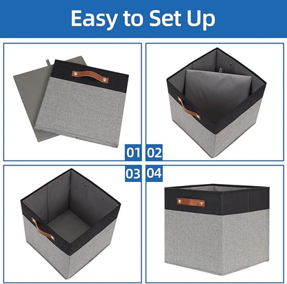 Temary 13 x 13 Storage Cubes Foldable Storage Cubes 4 Pack Canvas Storage Bin for Home, Square Storage Baskets with Leather Handles (Black&Grey)