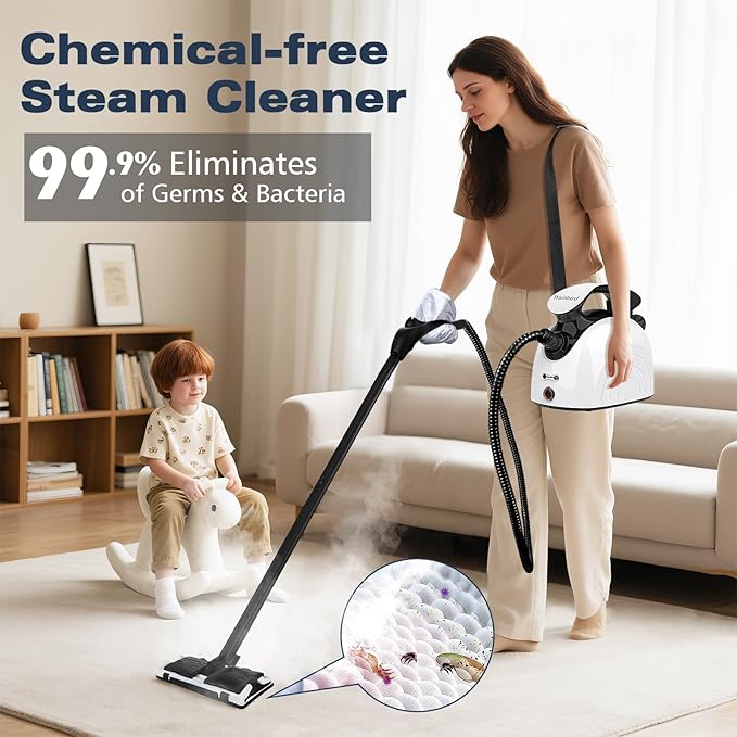 Steam Cleaner, Handheld Steamer with 21 Accessories, 248°F High-Temperature Steam for Floors, Grout, Tiles, Carpet, Cars - Portable 1.08L Tank, Child Lock, Chemical-Free Cleaning