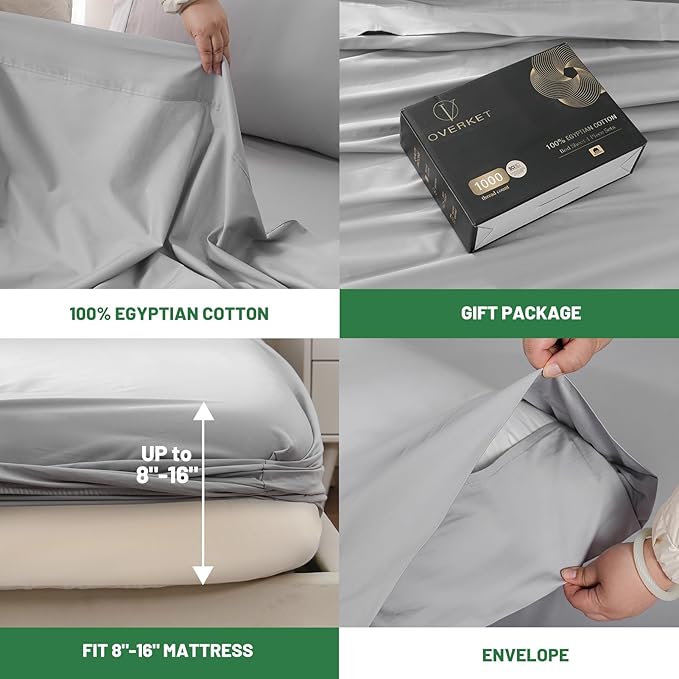 100% Egyptian Cotton Sheets Cal King Sheet Set 1000 Thread Count Sateen Weave Soft Breathable 16-Inch Deep Pocket 4PCS（California King,Grey）