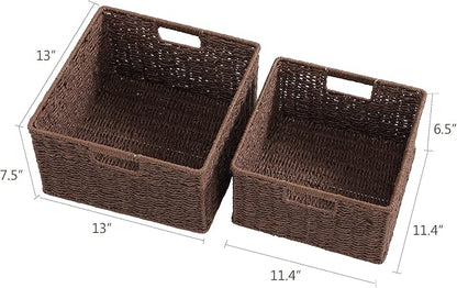 HOONEX Storage Baskets for Organizing, Decorative Round Paper Rope Woven Baskets for Storage with Carrying Handles, Set of 2, Dark Brown