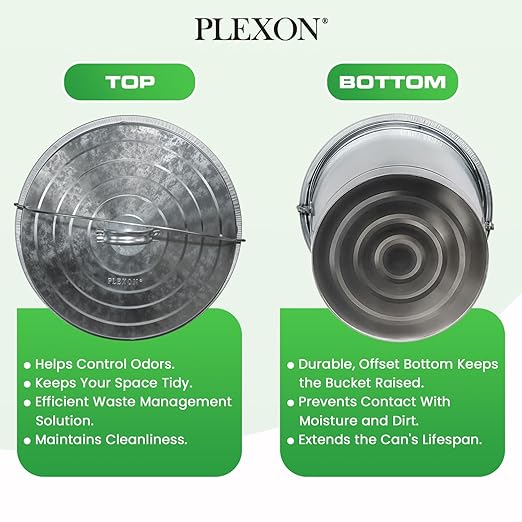 Plexon 10 Gallon Metal Trash Can with Locking Lid Galvanized Bucket with Lid for Poultry Feed Bird Seed Storage Ash Outdoor Garbage Trash Bin, 2 Pack