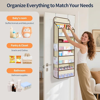 Yecaye Over The Door Organizer, Heavy Duty Hanging Organizers and Storage with 4 Large Capacity Pockets, Swing-Proof Behind The Door Storage for Bathroom Nursery Bedroom Dorm Closet, Beige